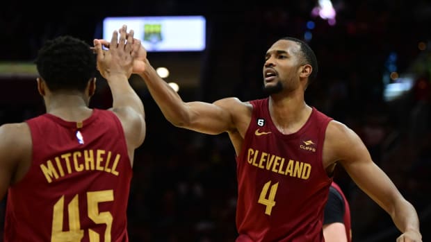 Apr 2, 2023; Cleveland, Ohio, USA; Cleveland Cavaliers forward Evan Mobley (4) celebrates with guard Donovan Mitchell (45) during the second half against the Indiana Pacers at Rocket Mortgage FieldHouse.